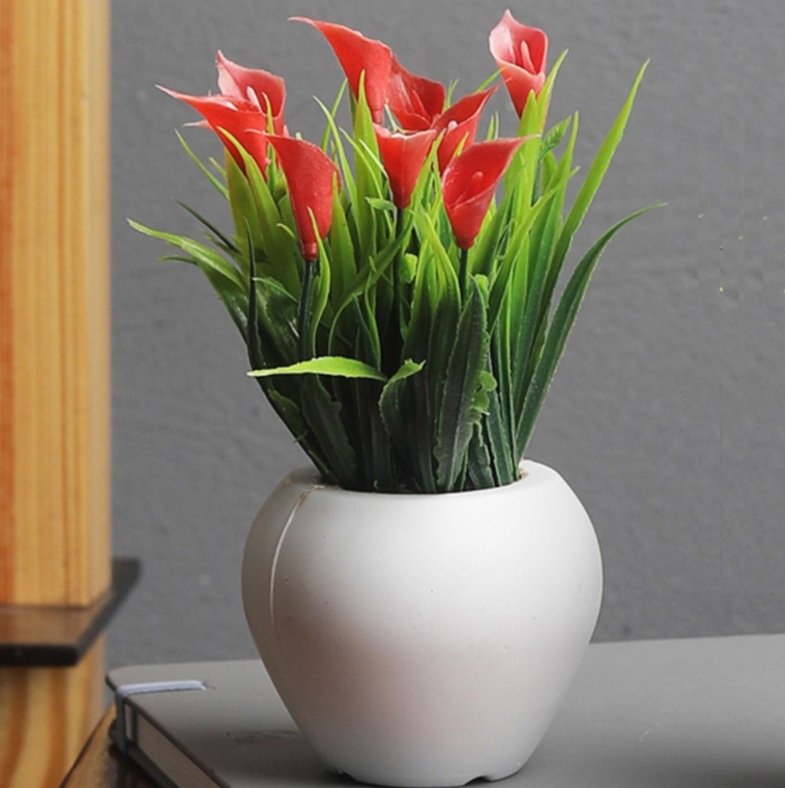 Artificial Mini Plant with Thin Long Leaves with Red Cynthia Flowers