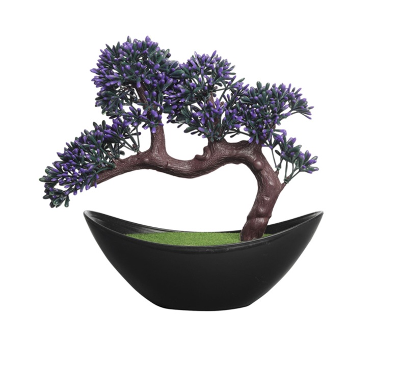 Bent Plastic Artificial Bonsai Tree for Home Decor With Small Dark Purple Buds