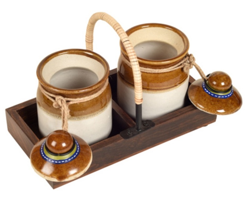 Brown Colour Cane Emblished Wooden Tray with Barni Set