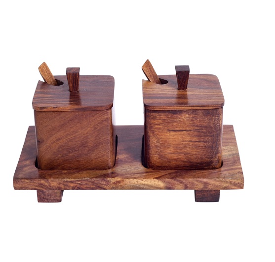 Brown Set of 2 Handcarved Wooden Jars with Spoon and Tray