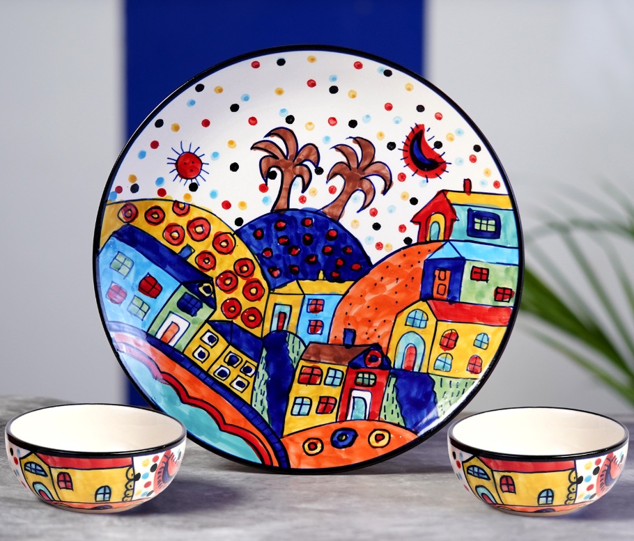 Ceramic Multicolor Hut Hand Painted Dinner Set of 6 Pieces