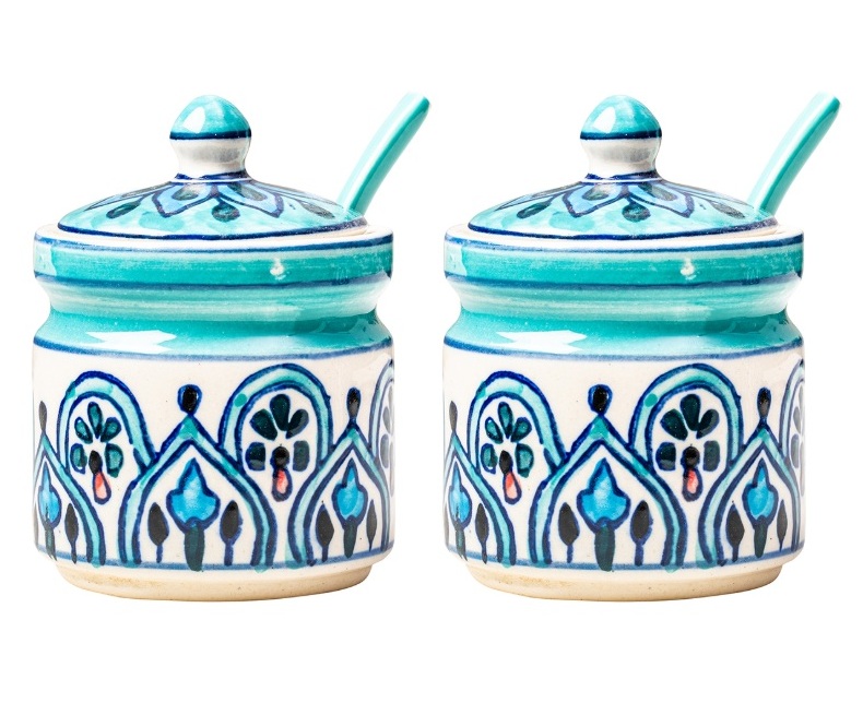 Ceramic Multipurpose Teal Blue Jar With Spoon - Set of 2