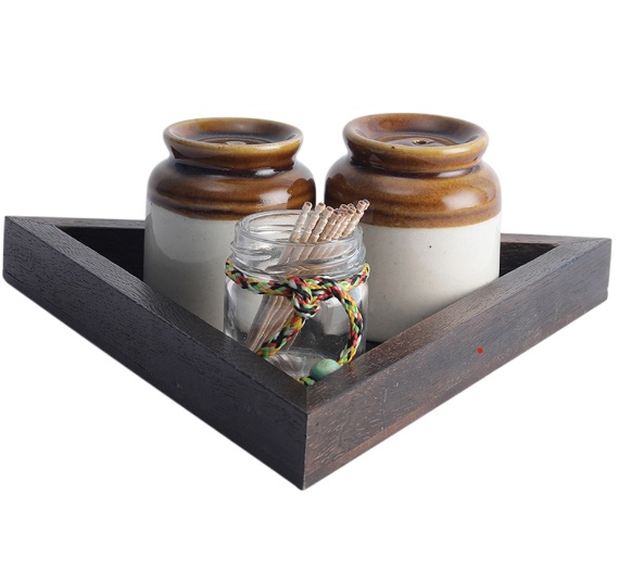 Ceramic Salt n Pepper Set with Toothpick Holder in Mango Wood Tray