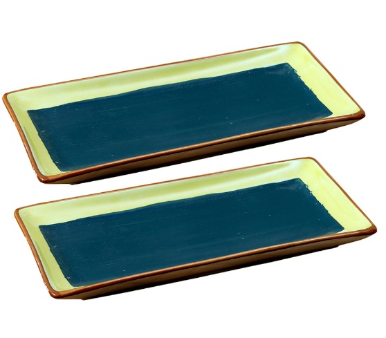 Ceramic Snacks Serving Platter - Dining Plate Set of 2 Green with Yellow Border