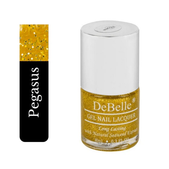 DeBelle Gel Nail Lacquer Pegasus - (Lime Yellow with Gold Glitter Nail Polish)