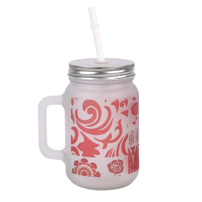Flower Print Frosted Glass Jar with Handle and Straw