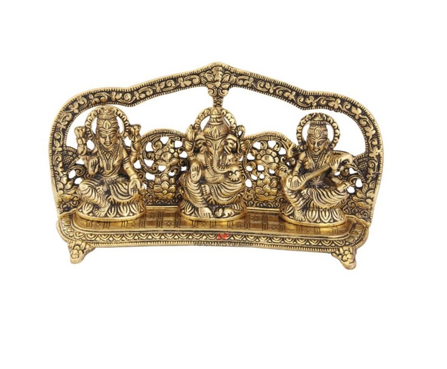 Ganesha Laxmi and Saraswati Antique Metal Gold Plated Showpiece