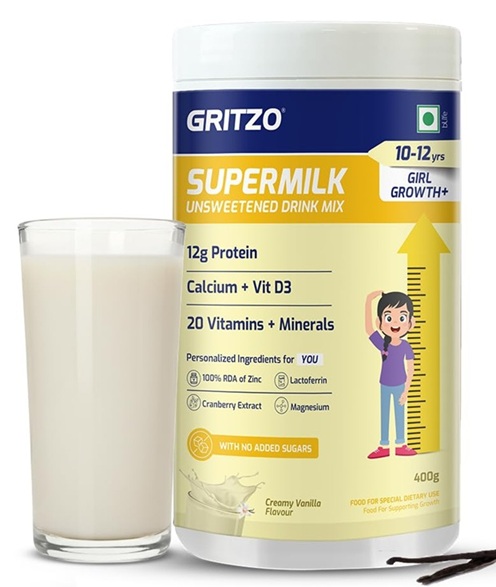 Gritzo Supermilk Growth+ - Unsweetened - Creamy Pink Vanilla - 10-12y Girl