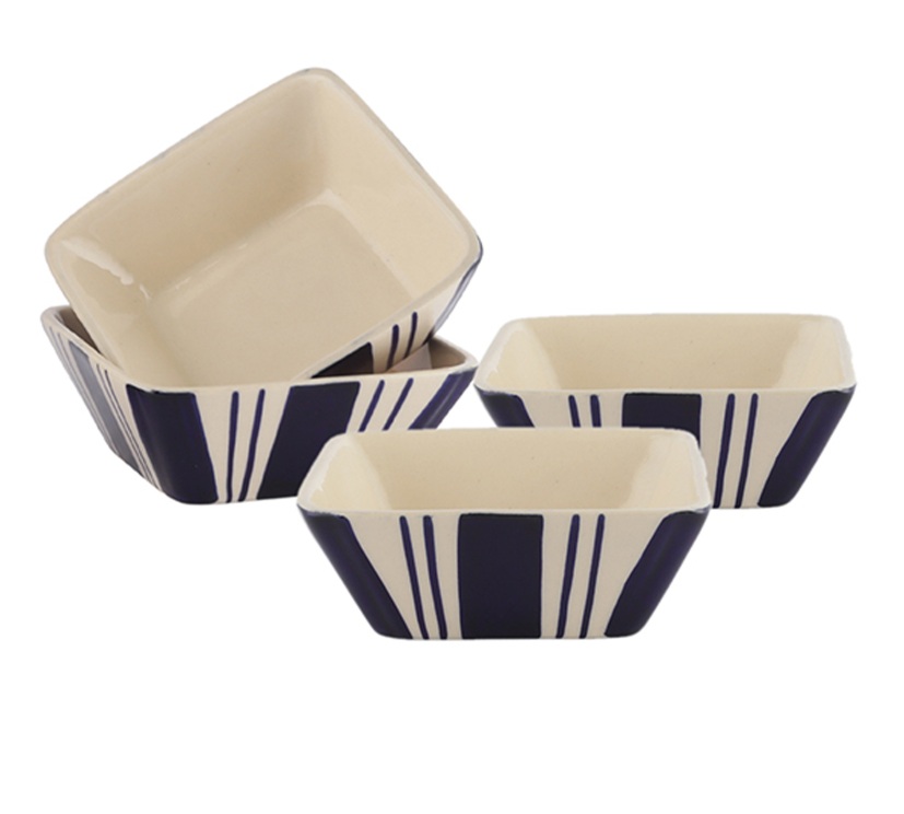 Indigo Blue Stripes Ceramic Snack Bowls Square Set of 4