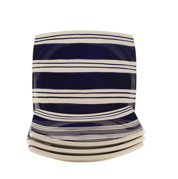 Indigo Blue Stripes Small Ceramic Plates Cum Platters Set of 4