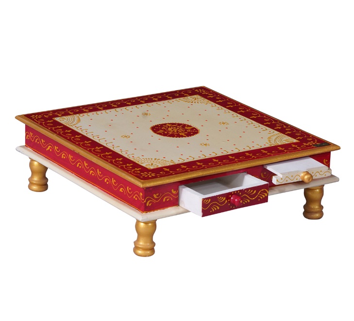 MDF and Sheesham Wood 18 x 18 Chowki with Drawer (White)