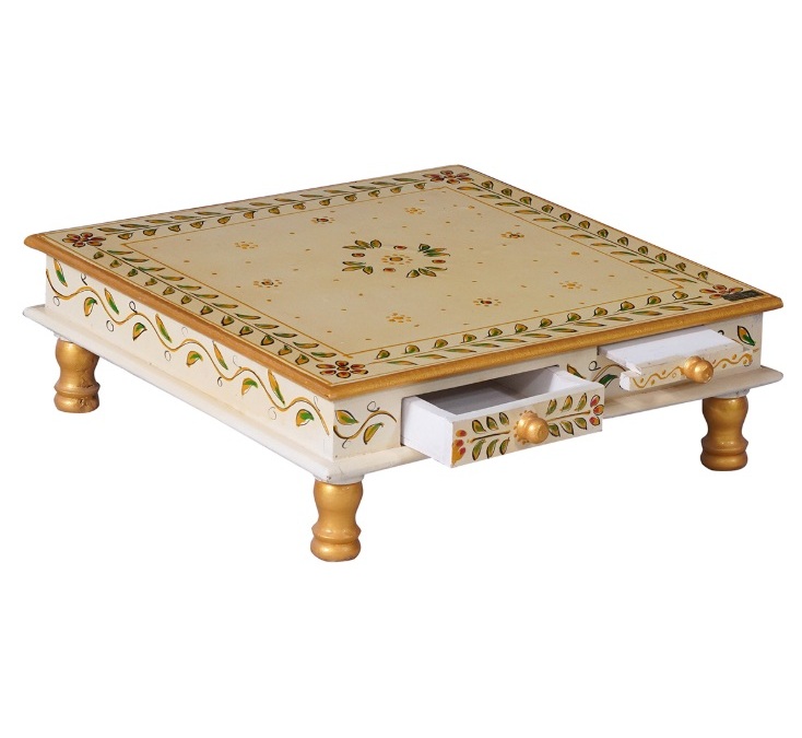 MDF and Sheesham Wood Pooja Chowki with Drawer (Off White)