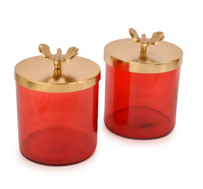 Manor House Red Glass Jar Set of 2 with Metal Water Fly Lid