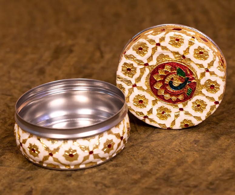 Meenakari Round Dabba - Off White - 4 inch