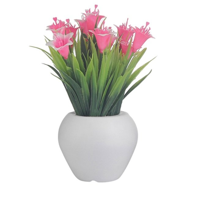 Mini Plastic Artificial Plant with Thin Long Leaves with Pink Lily Flowers