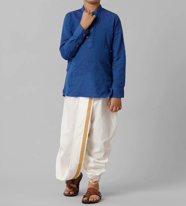 Ramraj Boys Breeze Cotton Navy Kurta with Cream Elastic Panchakacham Combo COT2