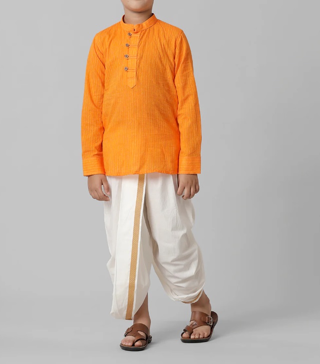 Ramraj Boys Breeze Cotton Orange Kurta with Cream Elastic Panchakacham Combo COT5