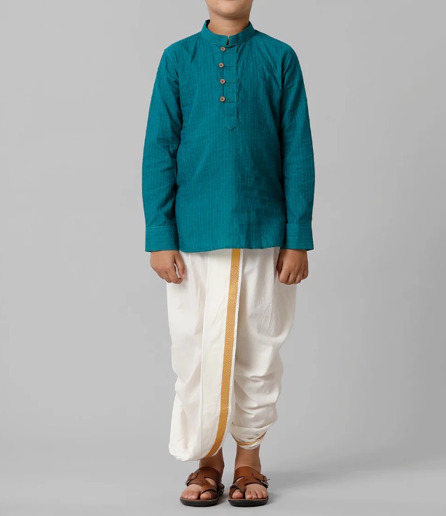 Ramraj Boys Breeze Cotton Peacock Green Kurta with Cream Elastic Panchakacham Combo COT6