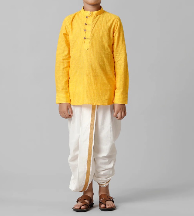 Ramraj Boys Breeze Cotton Yellow Kurta with Cream Elastic Panchakacham Combo COT7