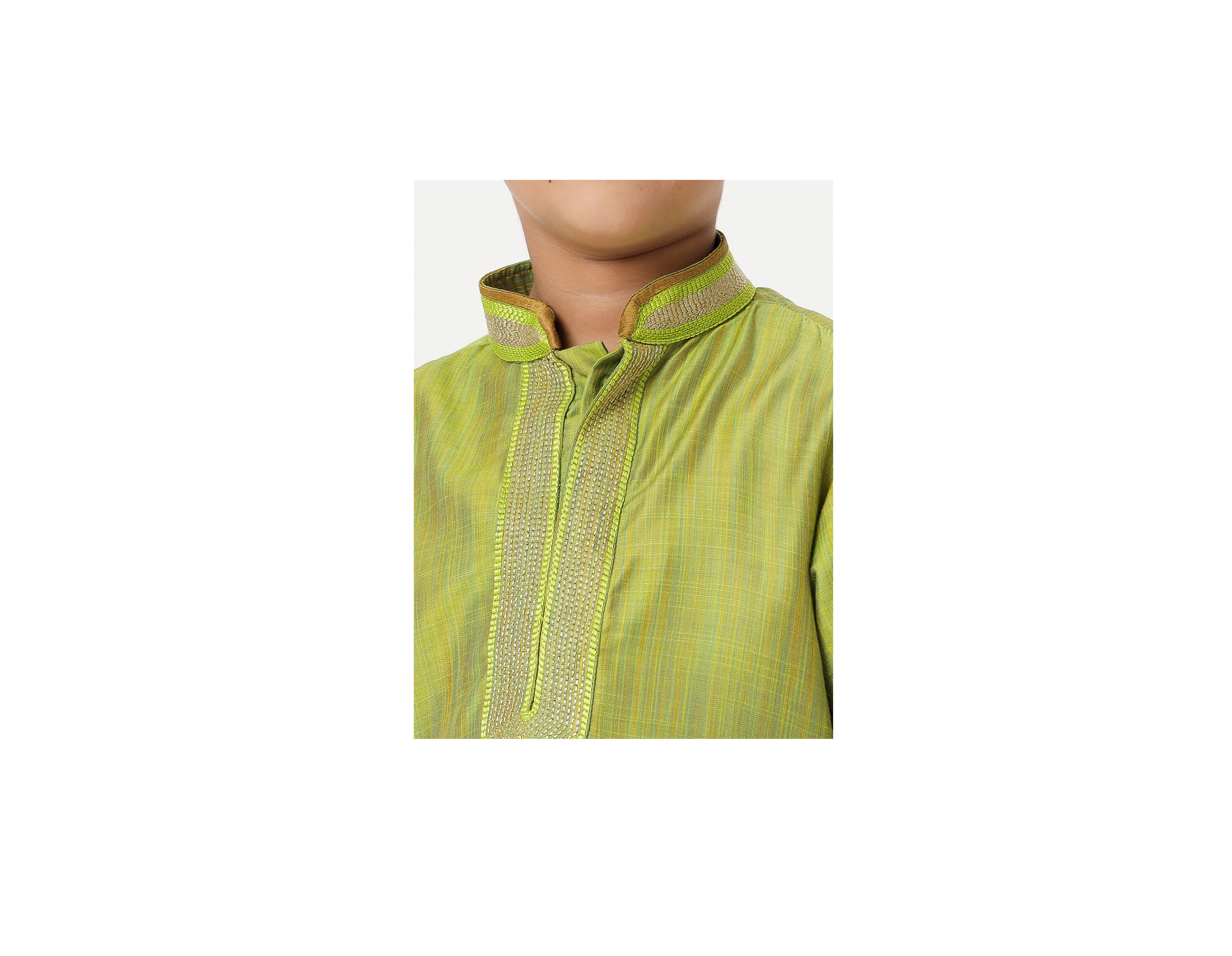 Ramraj Boys Cotton Embellished Neckline Full Sleeves Parrot Green Kurta