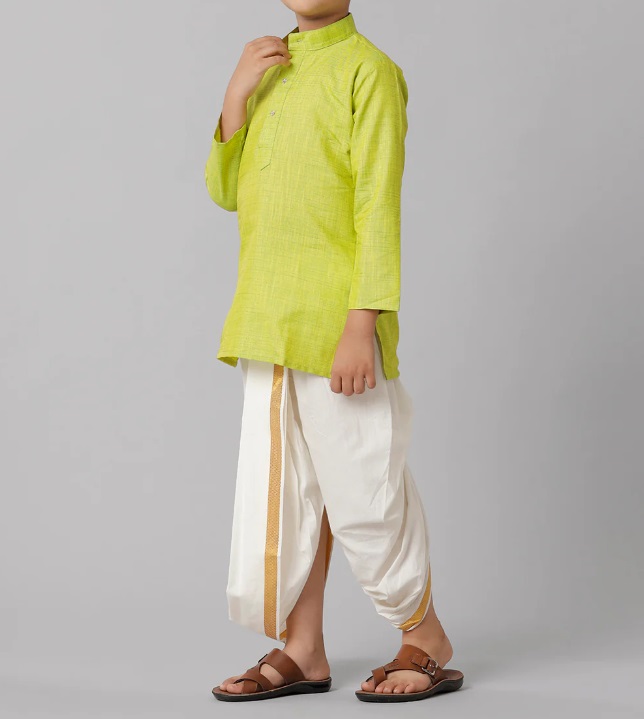 Ramraj Boys Cotton Parrot Green Kurta with Cream Elastic Panchakacham Combo FS2
