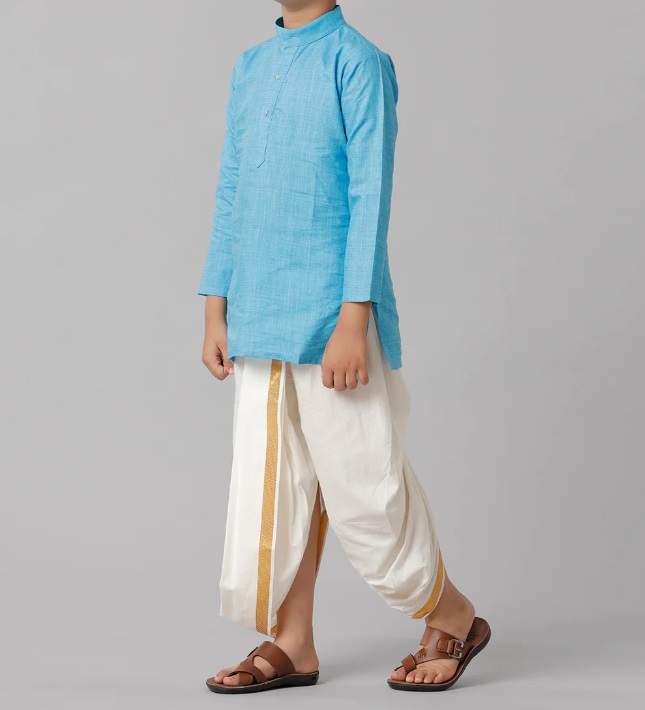 Ramraj Boys Cotton Sky Blue Kurta with Cream Elastic Panchakacham Combo FS4
