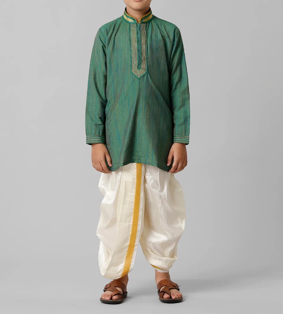 Ramraj Boys Emerald Cotton Dark Green Kurta with Cream Readymade Art Silk Panchakacham Combo EMD7