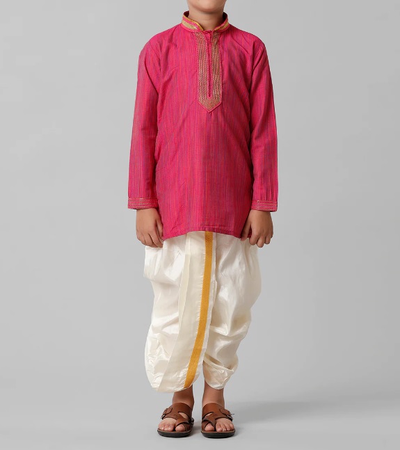 Ramraj Boys Emerald Cotton Dark Pink Kurta with Cream Readymade Art Silk Panchakacham Combo EMD1