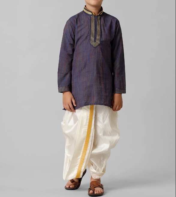 Ramraj Boys Emerald Cotton Navy Kurta with Cream Readymade Art Silk Panchakacham Combo EMD6
