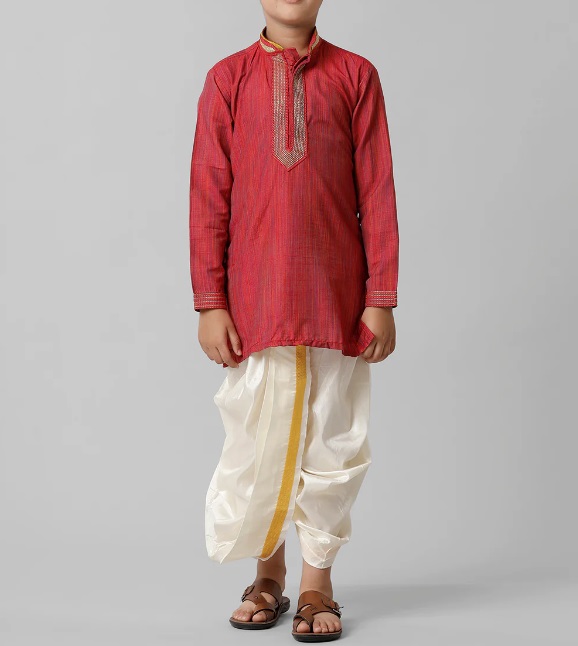 Ramraj Boys Emerald Cotton Red Kurta with Cream Readymade Art Silk Panchakacham Combo EMD4