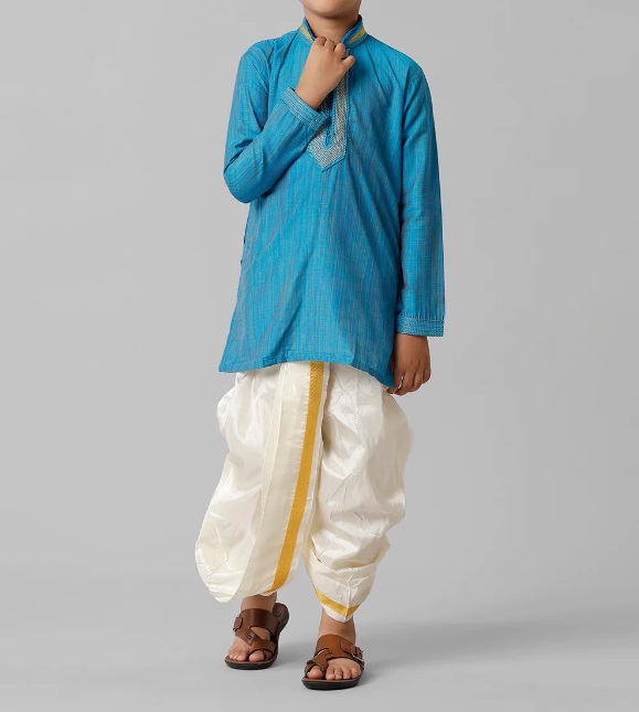 Ramraj Boys Emerald Cotton Sky Blue Kurta with Cream Readymade Art Silk Panchakacham Combo EMD2