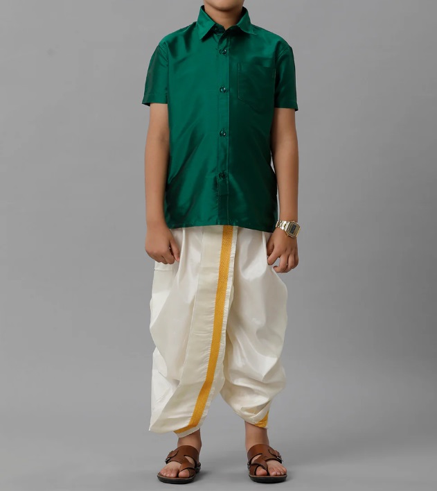 Ramraj Boys Silk Cotton Dark Green Half Sleeves Shirt with Soft Silk Panchakacham Combo K9