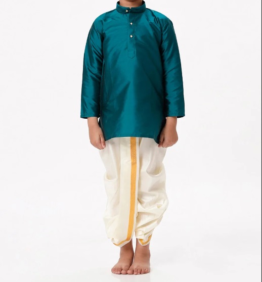 Ramraj Boys Silk Cotton Full Sleeves Dark Green Kurta with Panchakacham Combo