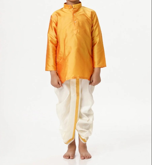 Ramraj Boys Silk Cotton Full Sleeves Golden Yellow Kurta with Panchakacham Combo