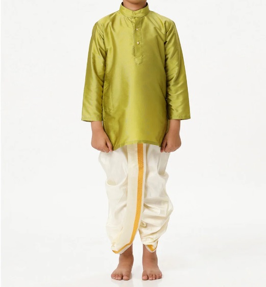 Ramraj Boys Silk Cotton Full Sleeves Parrot Green Kurta with Panchakacham Combo