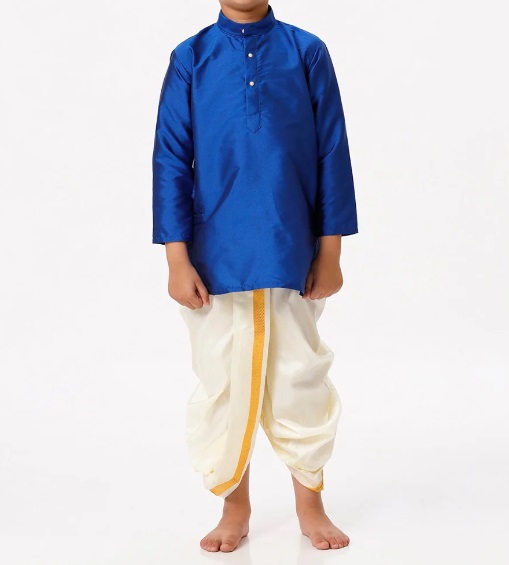 Ramraj Boys Silk Cotton Full Sleeves Royal Blue Kurta with Panchakacham Combo