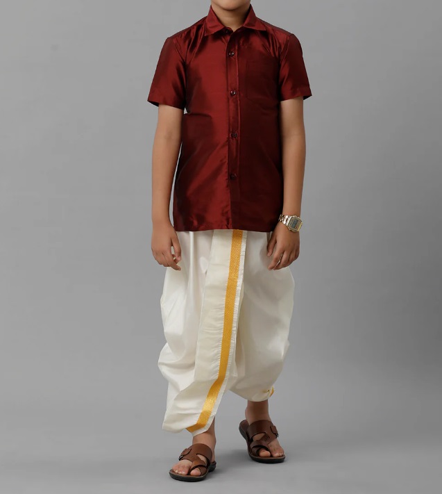Ramraj Boys Silk Cotton Maroon Half Sleeves Shirt with Soft Silk Panchakacham Combo K7