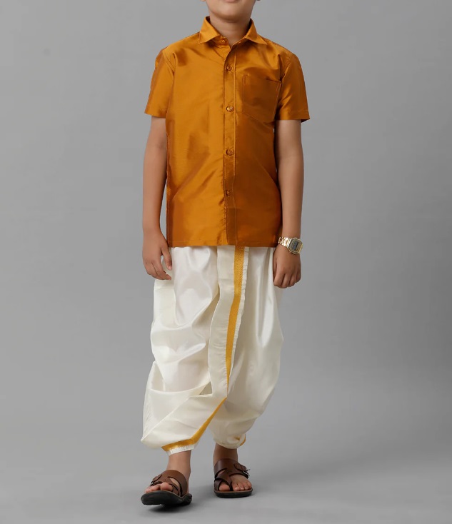 Ramraj Boys Silk Cotton Mustard Half Sleeves Shirt with Soft Silk Panchakacham Combo K37