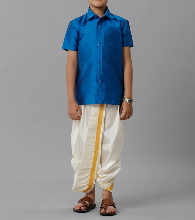 Ramraj Boys Silk Cotton Royal Blue Half Sleeves Shirt with Soft Silk Panchakacham Combo K10