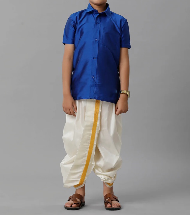 Ramraj Boys Silk Cotton Royal Blue Half Sleeves Shirt with Soft Silk Panchakacham Combo K5