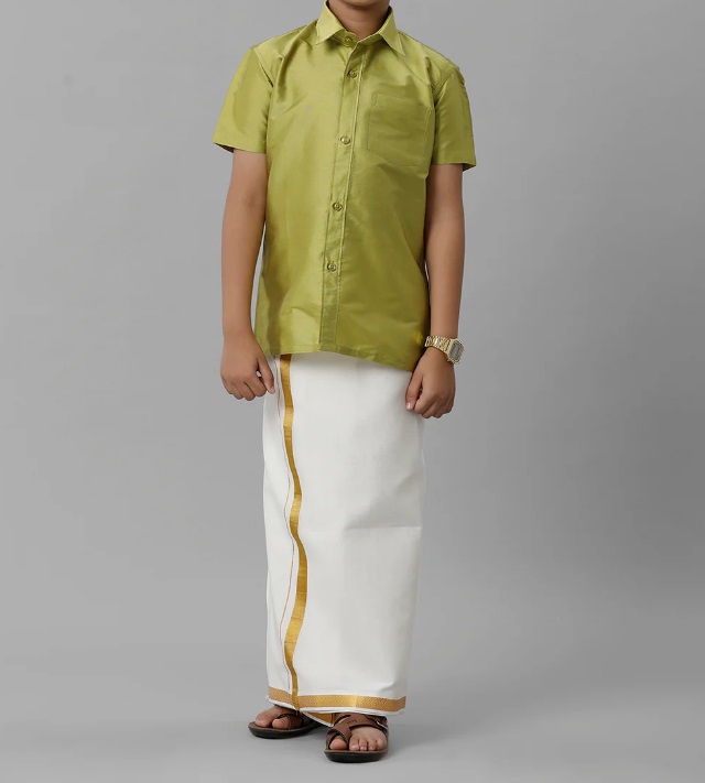 Ramraj Boys Silk Cotton Shirt with Dhoti Set Lemon Green