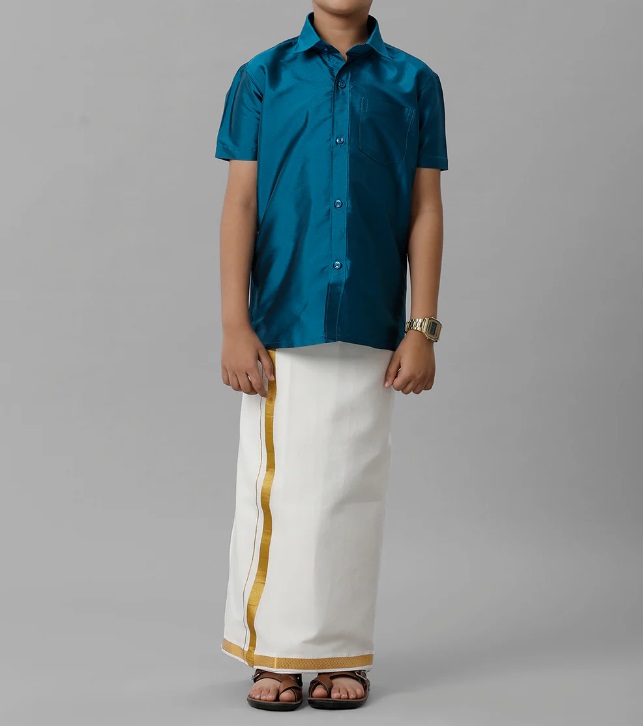 Ramraj Boys Silk Cotton Shirt with Dhoti Set Blue