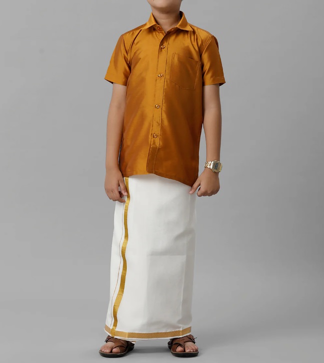 Ramraj Boys Silk Cotton Shirt with Dhoti Set Mustard