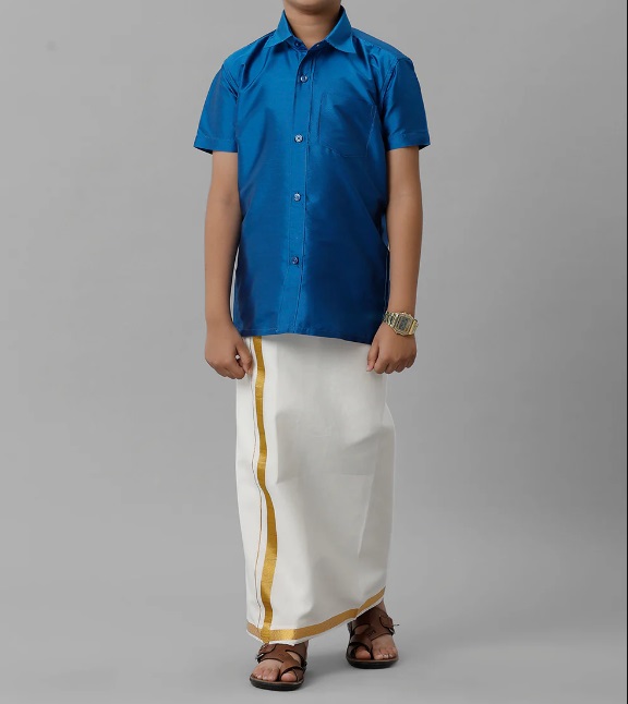 Ramraj Boys Silk Cotton Shirt with Dhoti Set Royal Blue