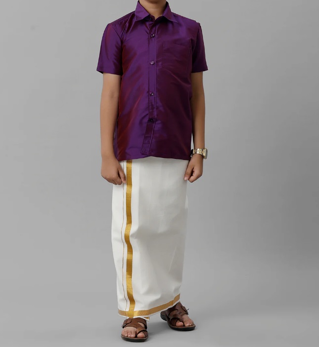 Ramraj Boys Silk Cotton Shirt with Dhoti Set Violet