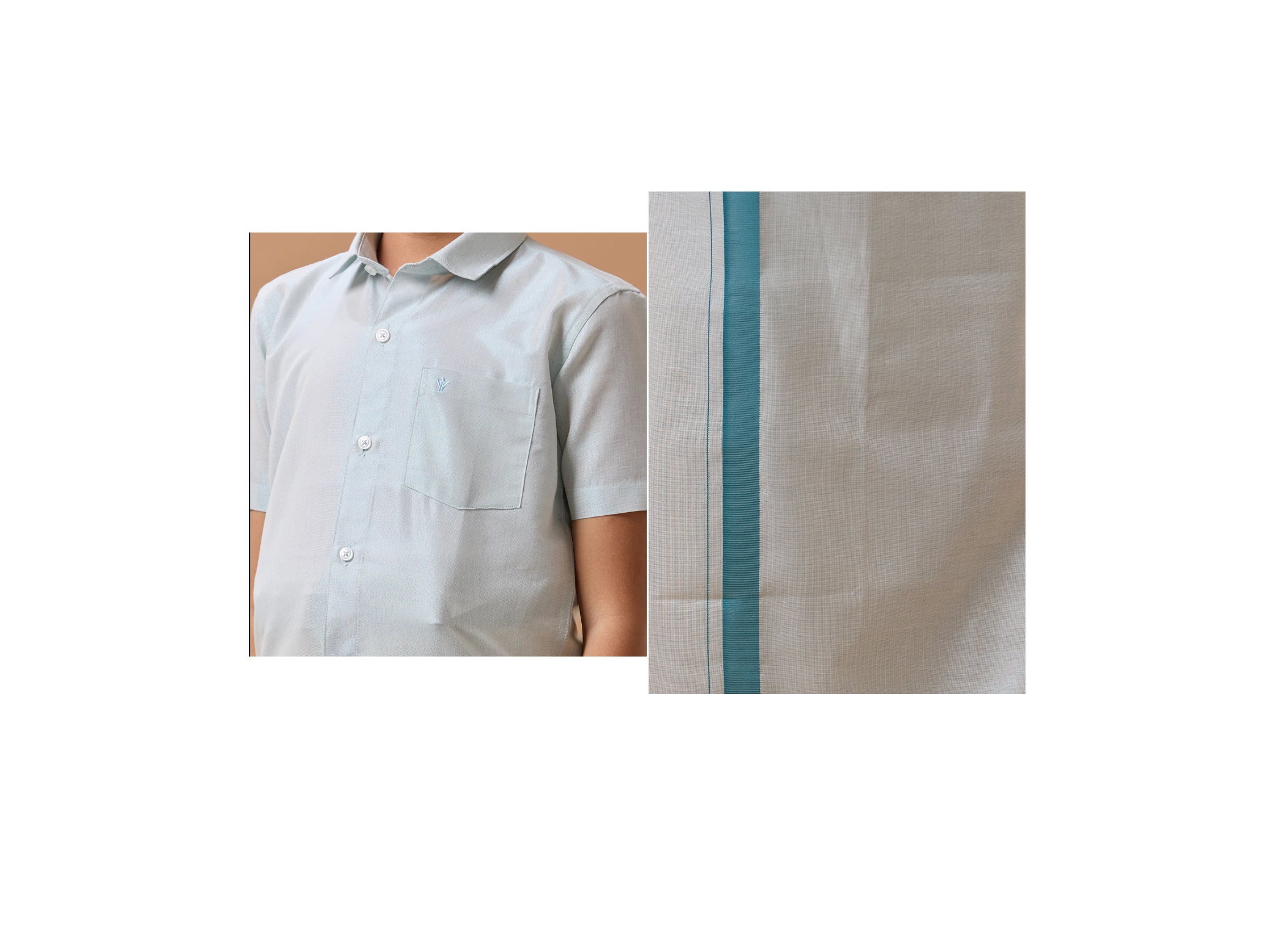 Ramraj Boys Tissue Jari Half Sleeve Shirt Dhoti Set Sankalpam Cyan