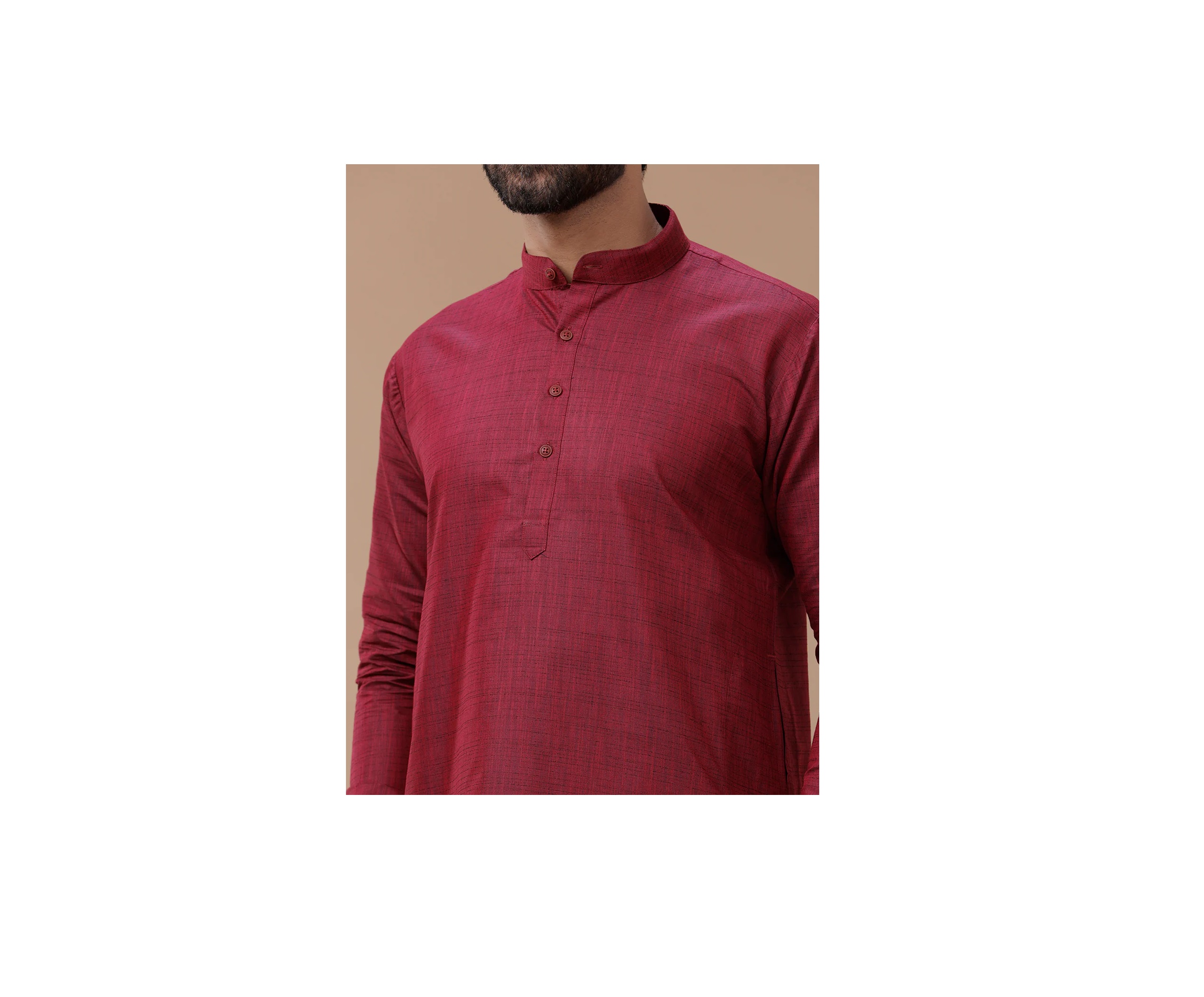Ramraj Mens Cotton Full Sleeves Maroon Medium Length Pocket Kurta FS7