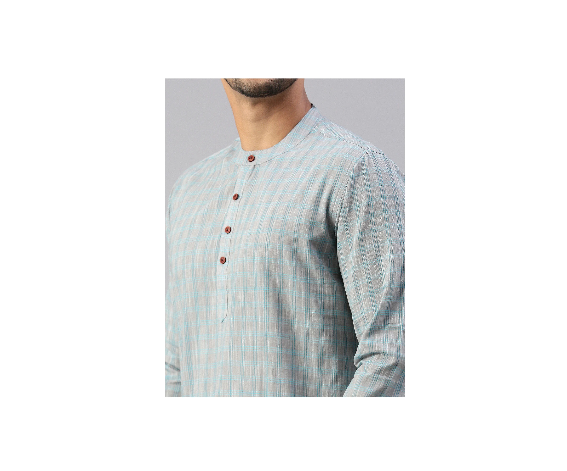 Ramraj Mens Cotton Greyish Blue Colour Full Sleeve Checkered Medium Length KurtaM5