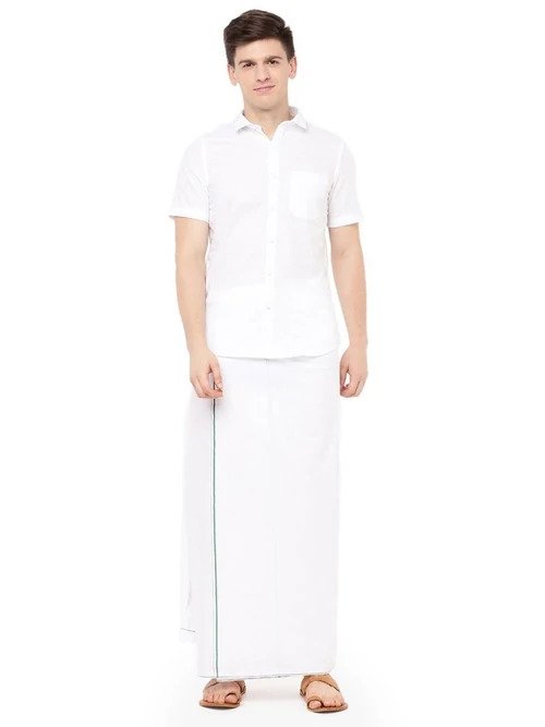 Ramraj Mens Cotton White Dhoti with Small Border & Shirt Set Half