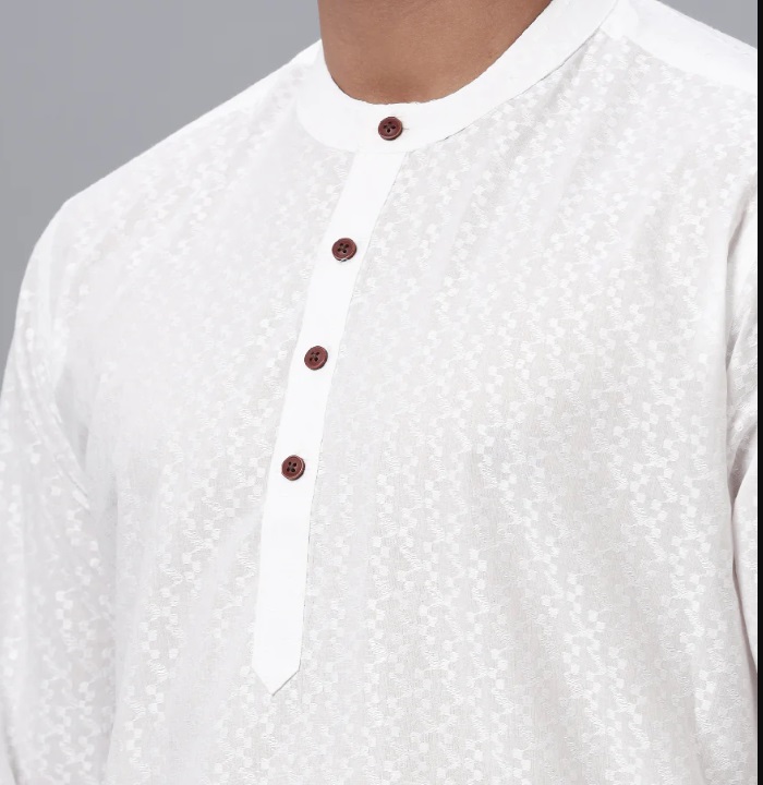 Ramraj Mens Cotton White Full Sleeves Self Design Medium Length Kurta RD11